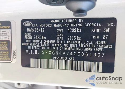 2012 Kia Optima Ex from USA, damaged, VIN 5XXGN4A74CG061907